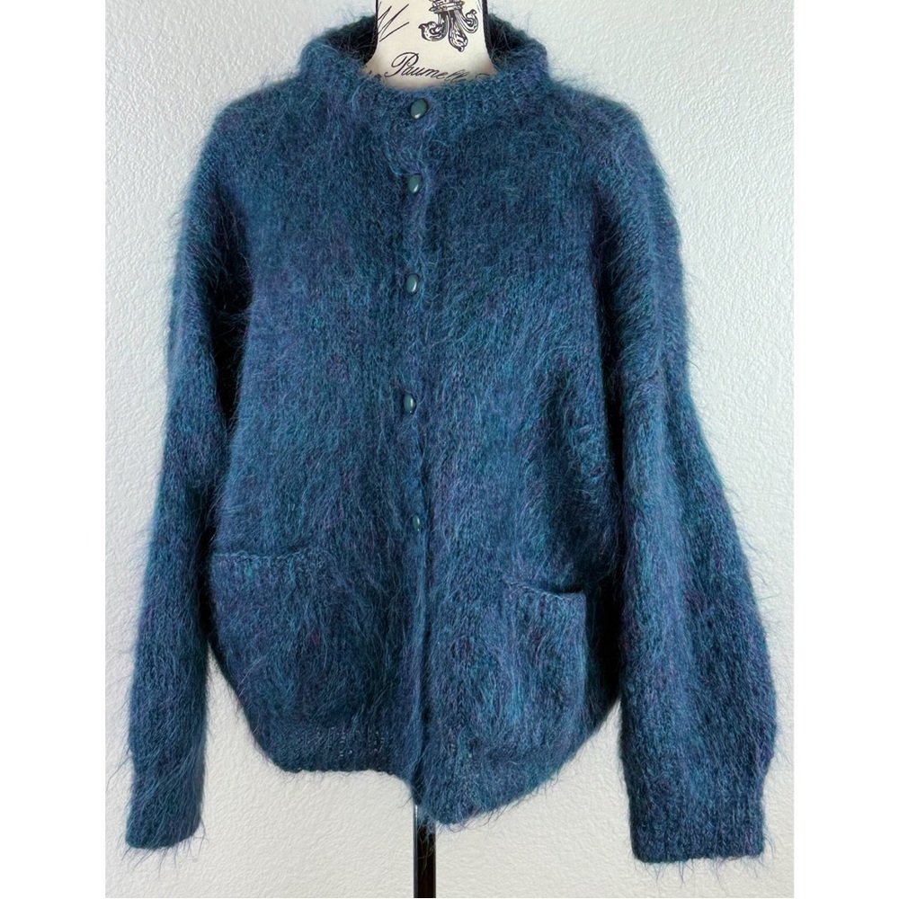 Athena Designs Irish Handknit Mohair Cardigan Fuzzy Blue/Purple Cardigan Large View 5